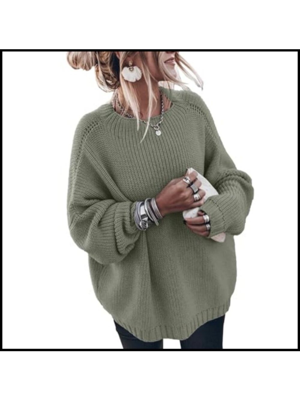 Oversized Chunky Knit Mockneck Batwing Long Sleeve Pullover Sweater